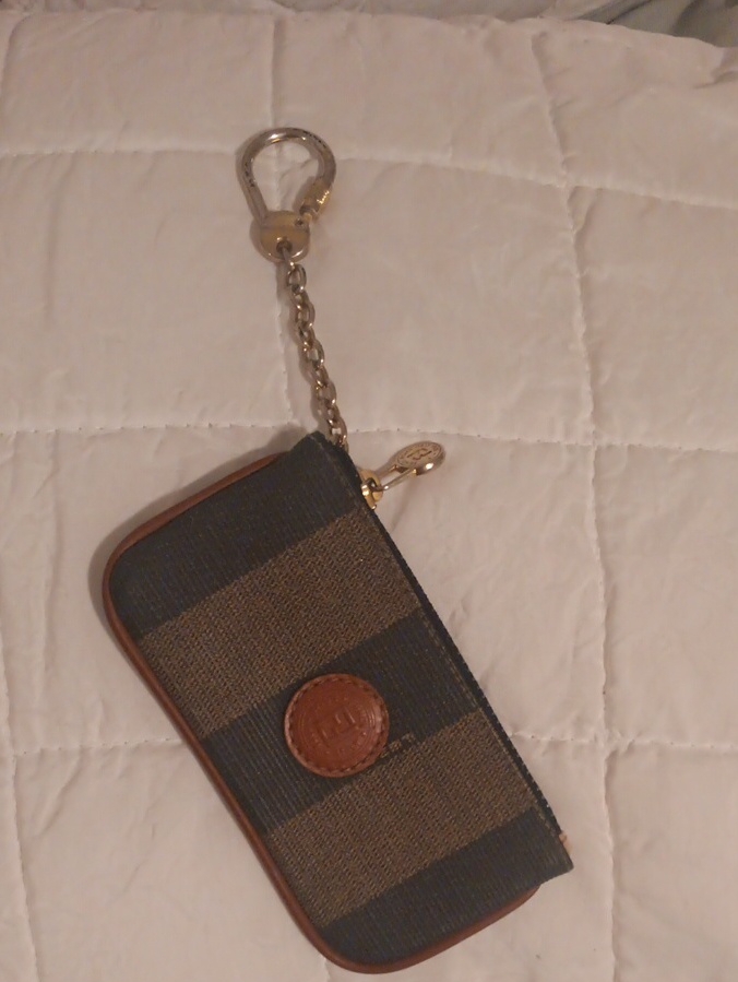 Fendi Brown And Black Striped Key & Card Holder With Gold Chain
